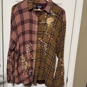 Johnny Was Multicolor Embroidered Plaid Shirt